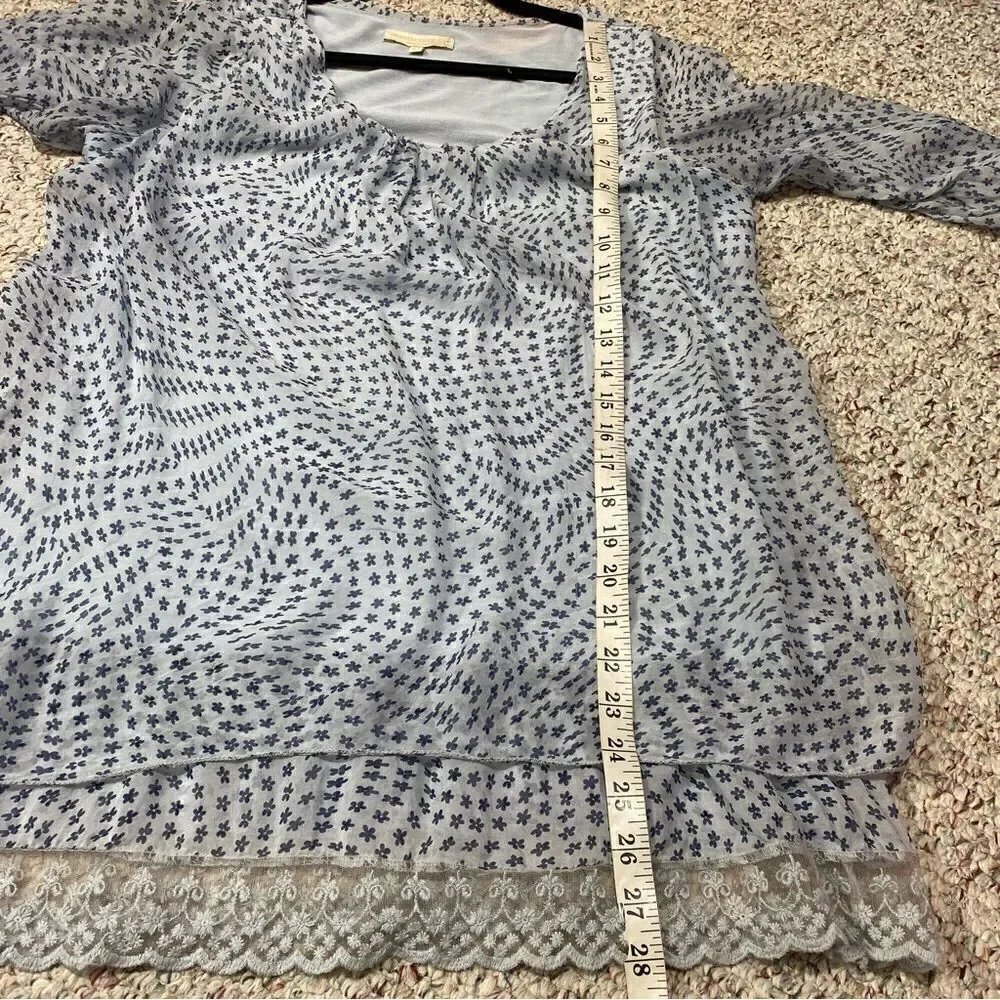 Prontomoda Giusy Italian Silk Tunic Blouse Blue Print Lace Hem Women’s‎ Medium - Picture 5 of 6
